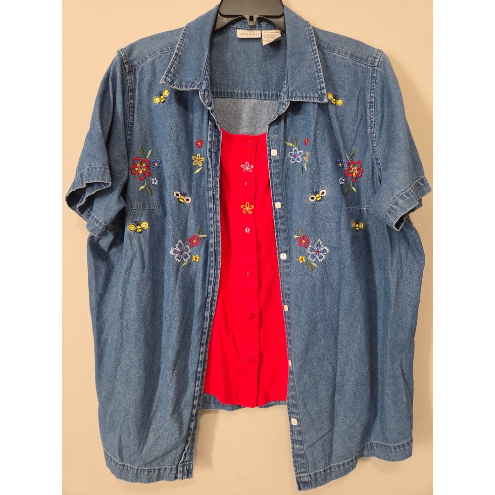 White Stag Plus Denim Shirt Womens 18/20W Floral Bee Embroidered Layered Red Top